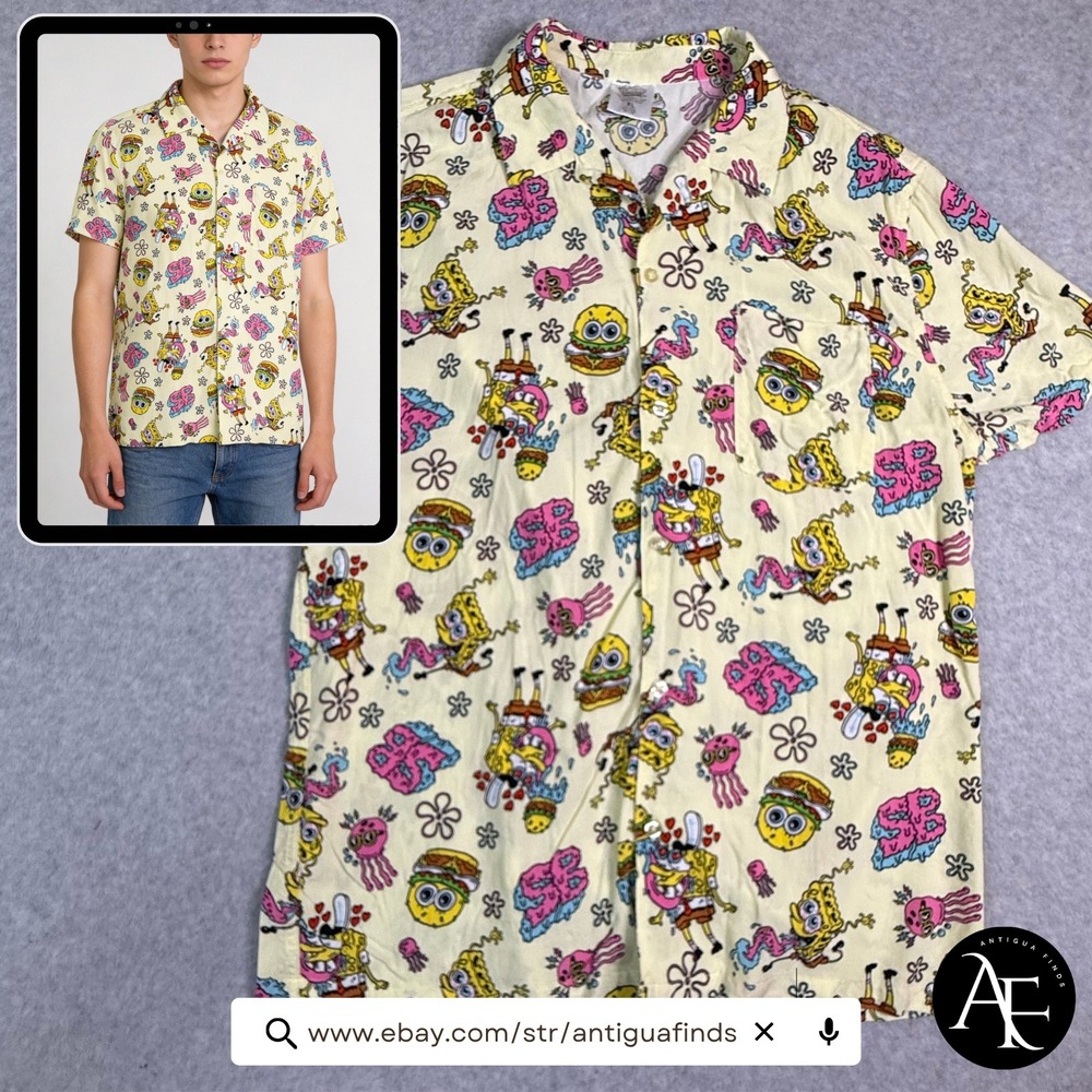 Spongebob Squarepants Mens XL Rayon Button Down Shirt Yellow All Over Print AOP